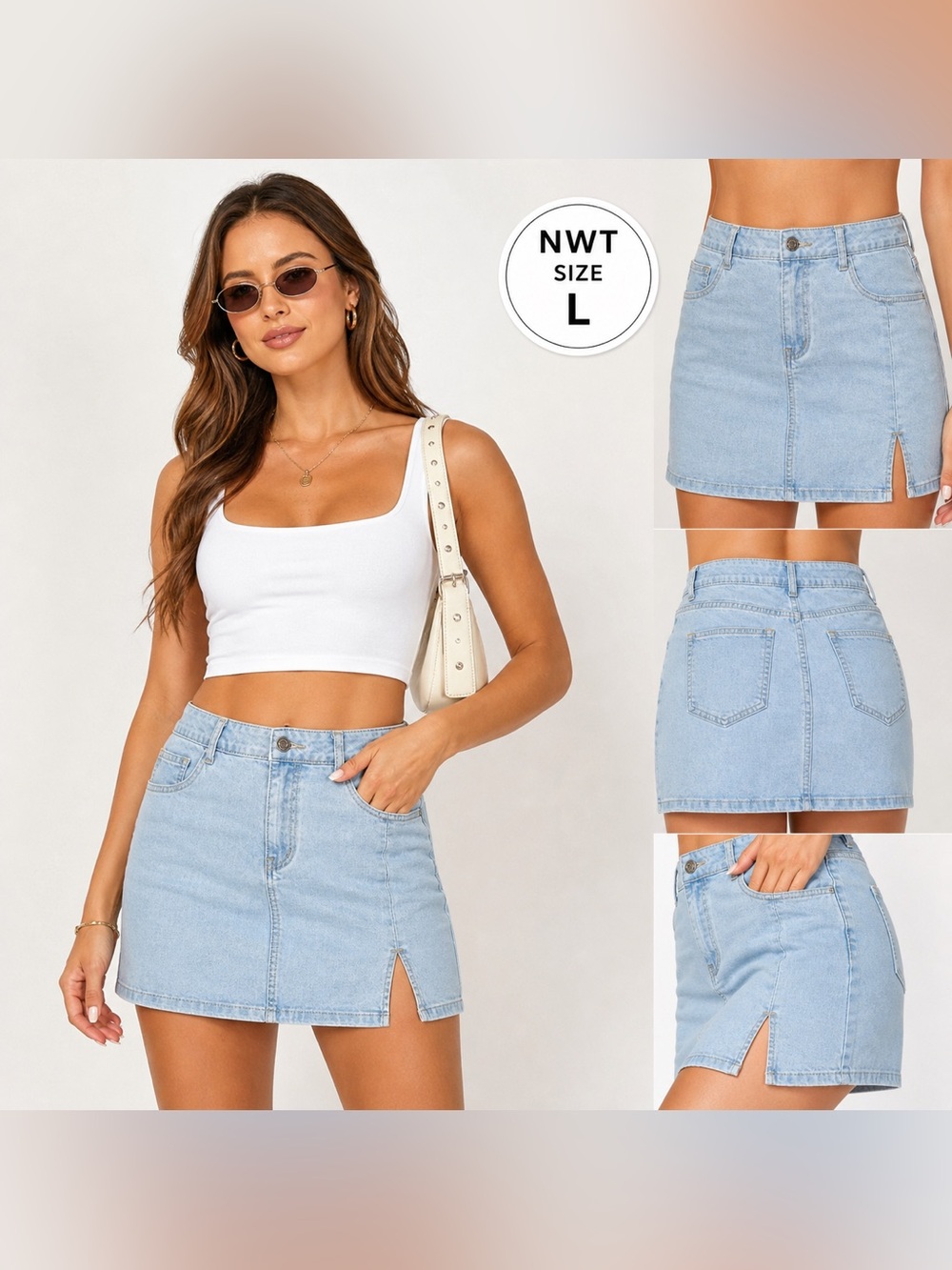 NWT Luvamia Light Wash Denim Skort Size Large Stretch Mini Skirt Shorts - A2